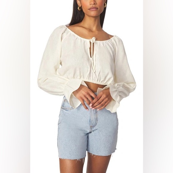 NWT WeWoreWhat On/Off Shoulder Tie Front Linen Blend Top - Picture 1 of 6